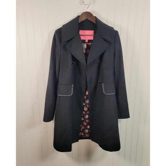 Betsey Johnson Black Wool Blend Coat Size 10 | Long Peacoat Floral Lining Fall - Picture 1 of 6